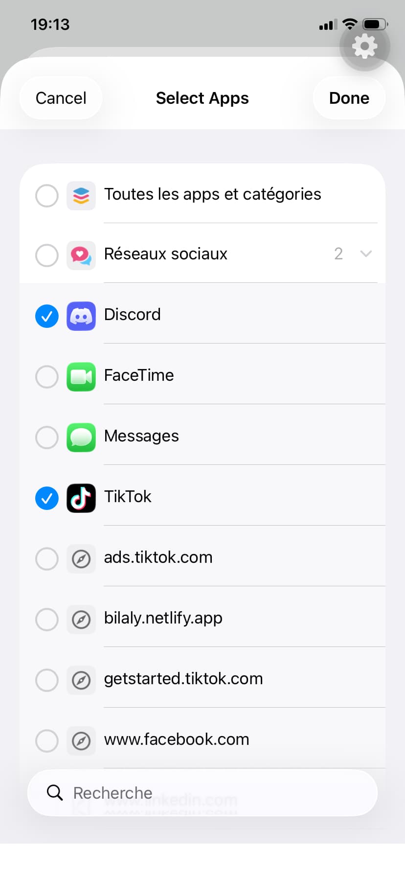 Sélection des apps à bloquer